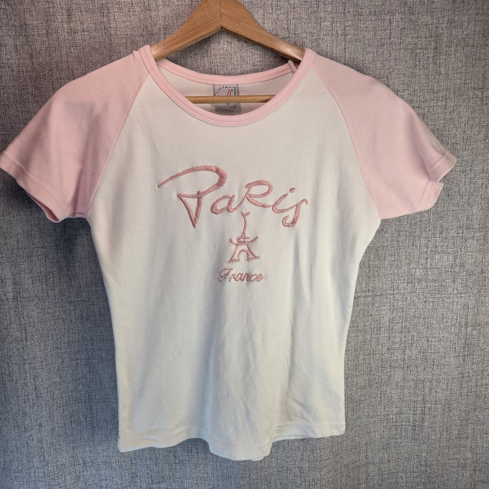 Vtg Y2k Paris Eiffel Embroidered France Souvenir Pink White Baby Doll Shirt Sm